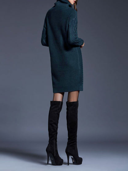 Turtle Neck Twist Knit Long Sleeves Mini Sweater Dress