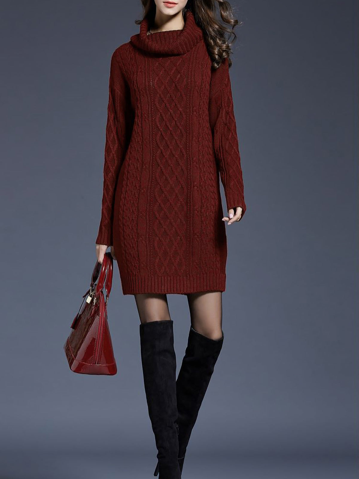 Turtle Neck Twist Knit Long Sleeves Mini Sweater Dress