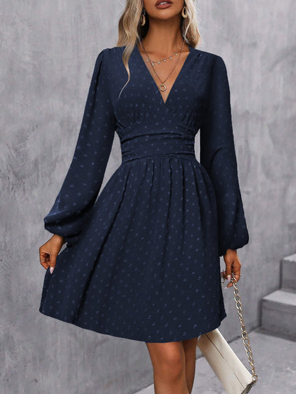 Swiss Dots Lantern Long Sleeve Midi A-Line Dress