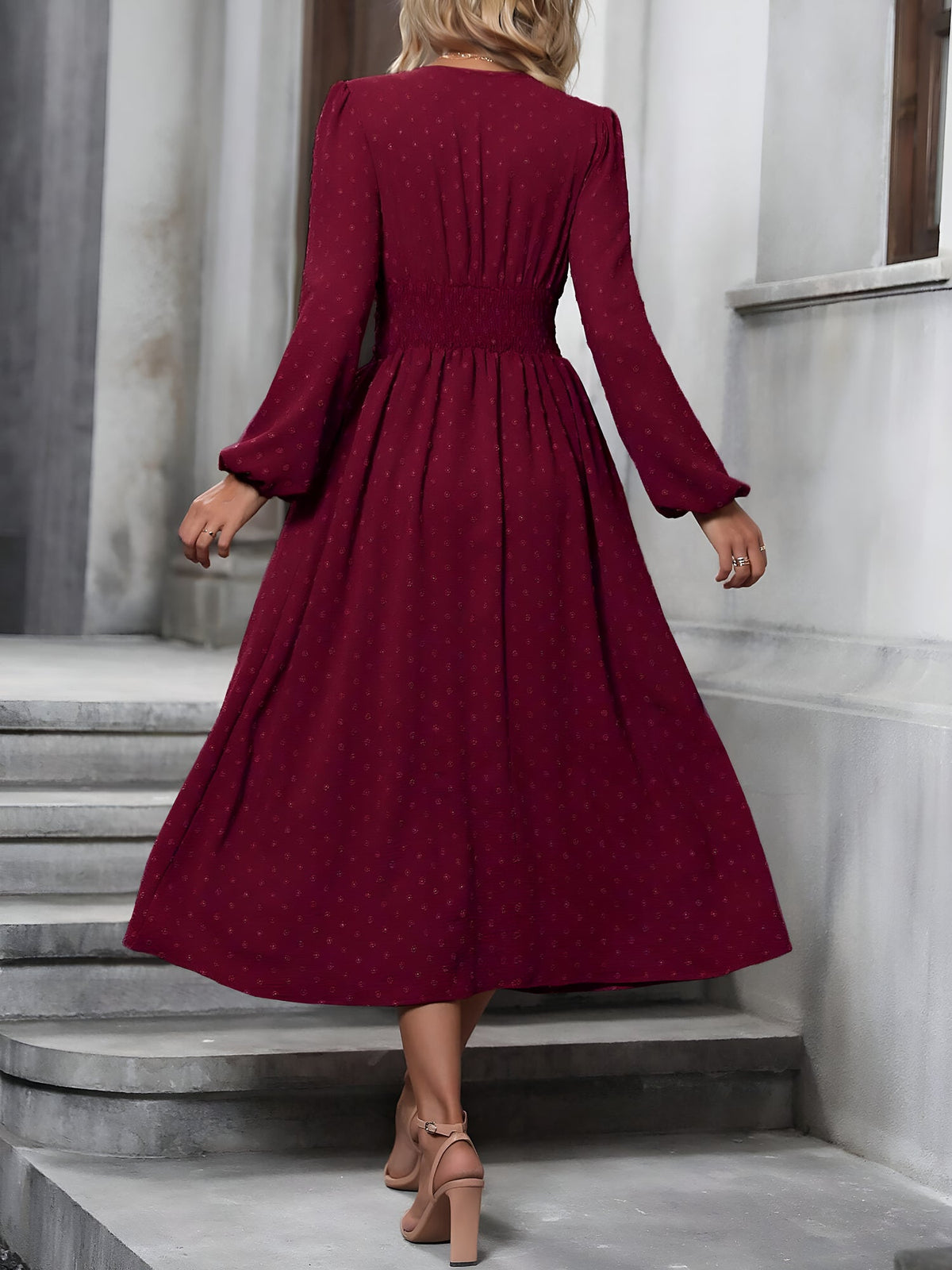 Vintage-Chic V Neck Swiss Polka Dots Lantern Long Sleeve Midi Office Dress