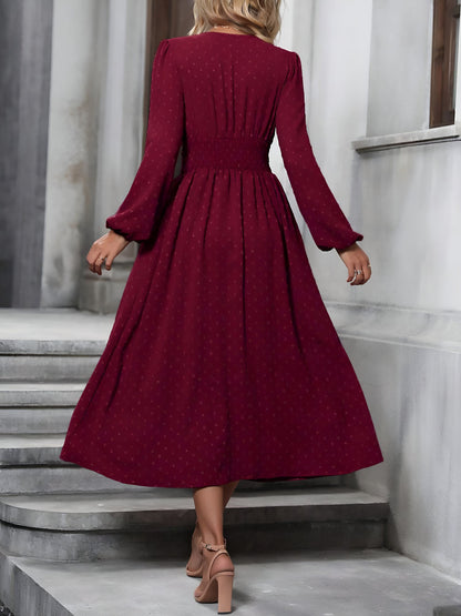Vintage-Chic V Neck Swiss Polka Dots Lantern Long Sleeve Midi Office Dress