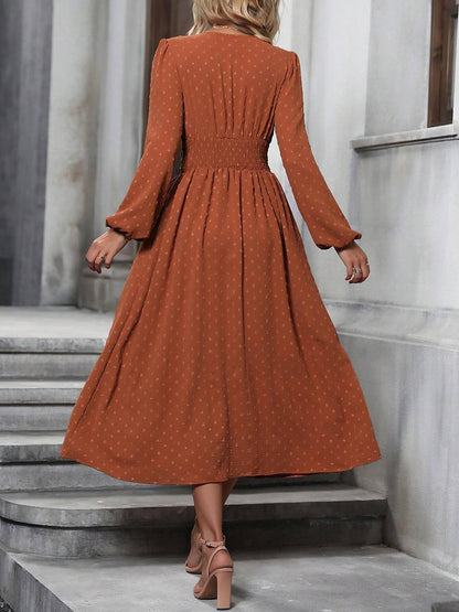 Vintage-Chic V Neck Swiss Polka Dots Lantern Long Sleeve Midi Office Dress