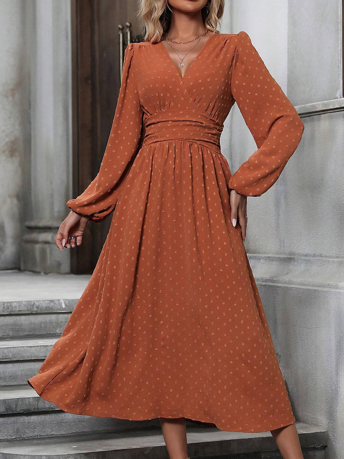 Vintage-Chic V Neck Swiss Polka Dots Lantern Long Sleeve Midi Office Dress