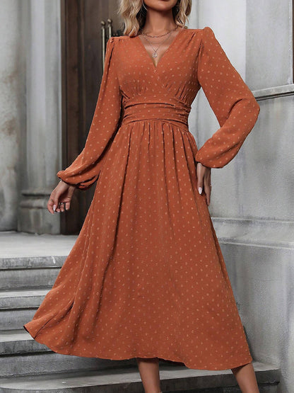 Vintage-Chic V Neck Swiss Polka Dots Lantern Long Sleeve Midi Office Dress