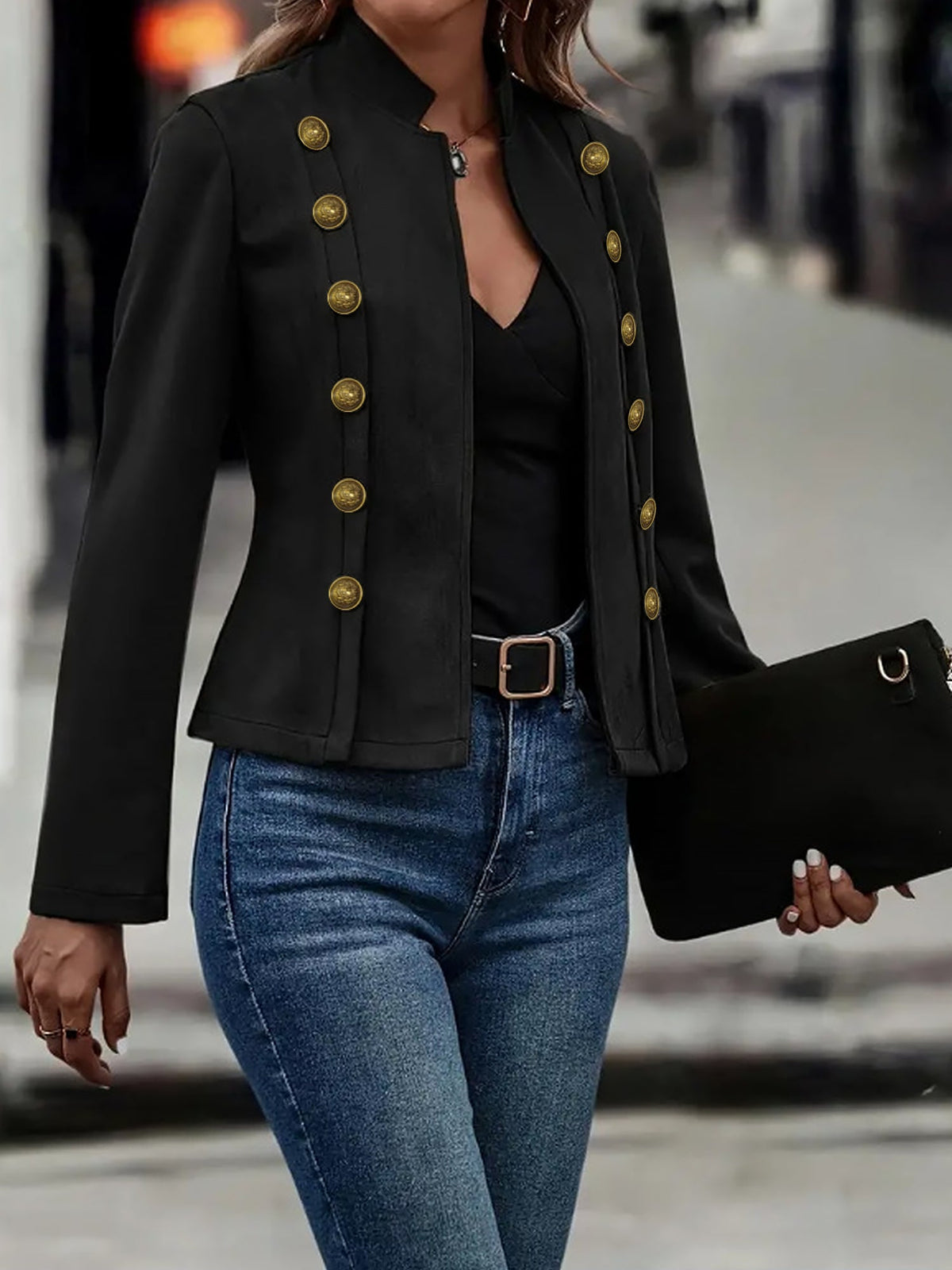Faux Suede Long Sleeves Button Decor Cropped Jacket