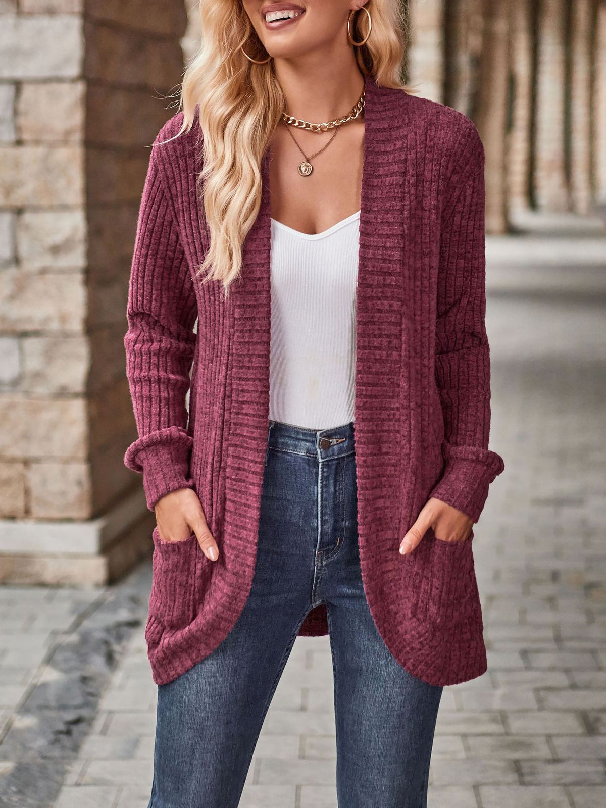Solid Color Ribbed Knit Long Sleeves Pocketed Cardigan