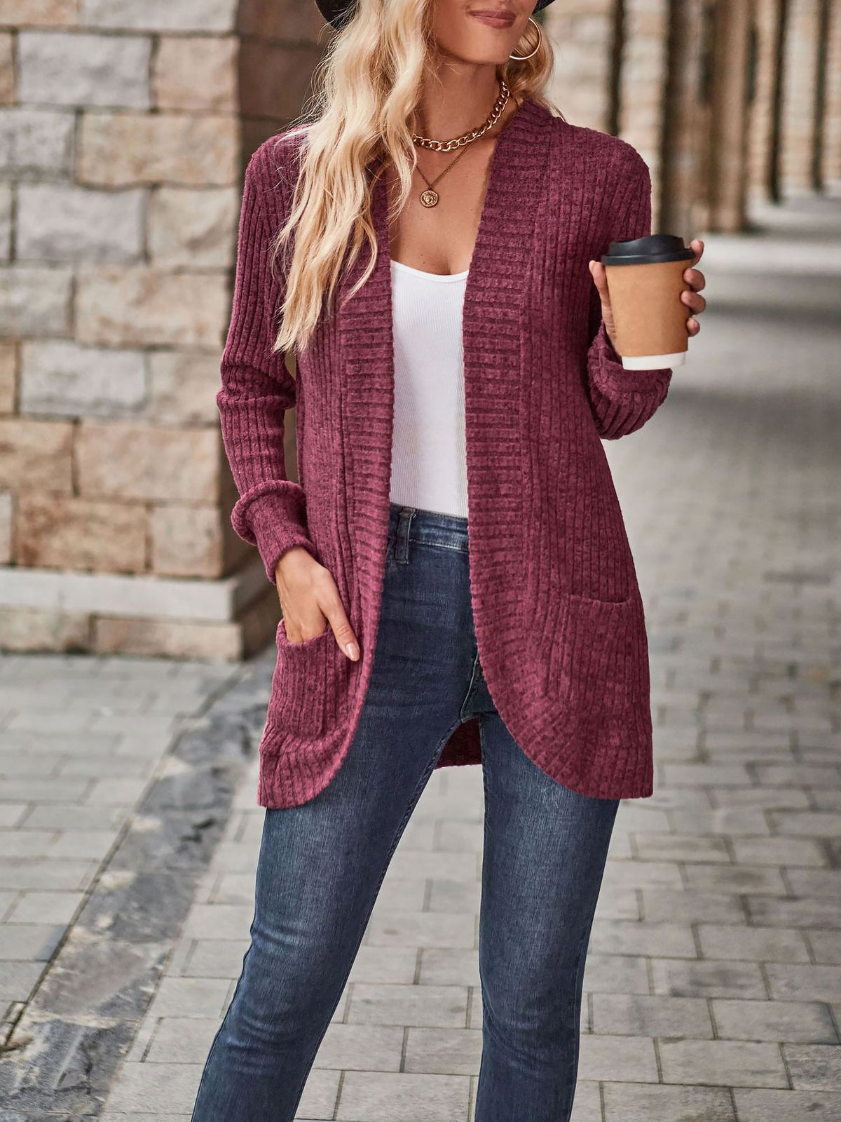 Solid Color Ribbed Knit Long Sleeves Pocketed Cardigan