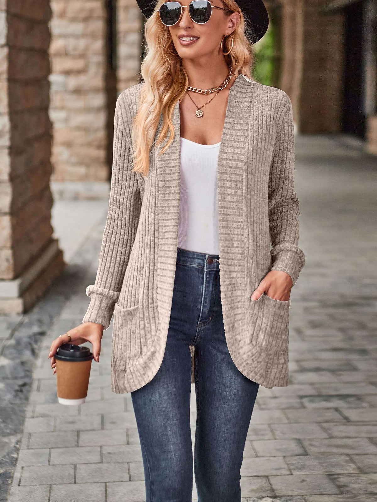 Solid Color Ribbed Knit Long Sleeves Pocketed Cardigan