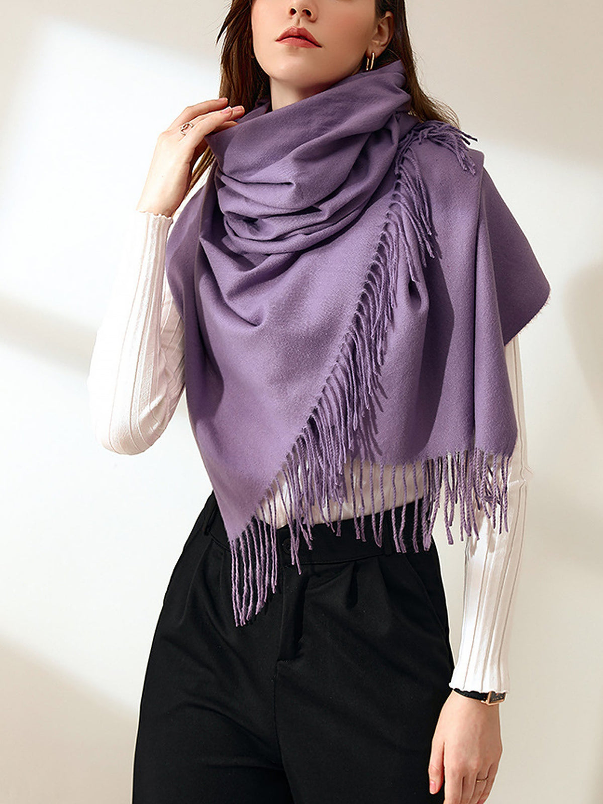 Solid Color Mid Length Winter Tassel Scarf