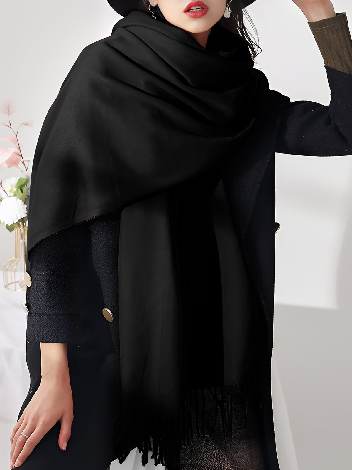 Solid Color Mid Length Winter Tassel Scarf