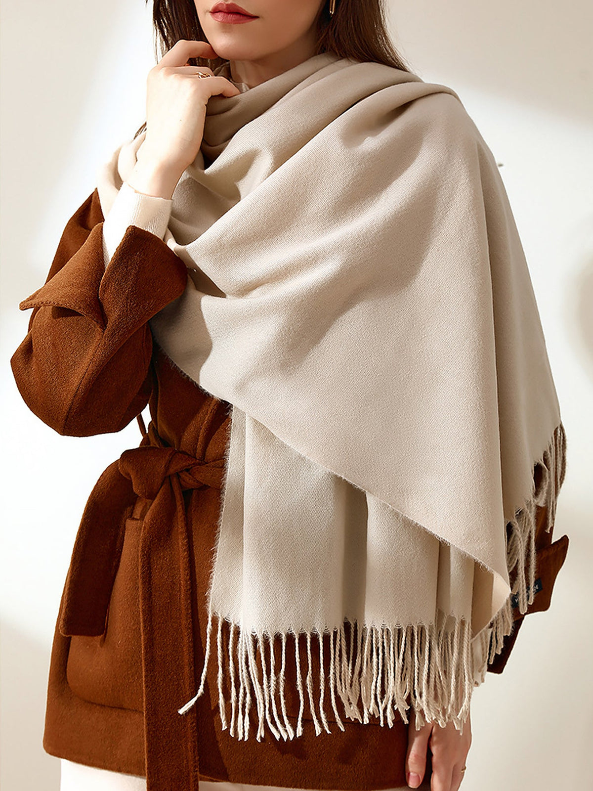 Solid Color Mid Length Winter Tassel Scarf