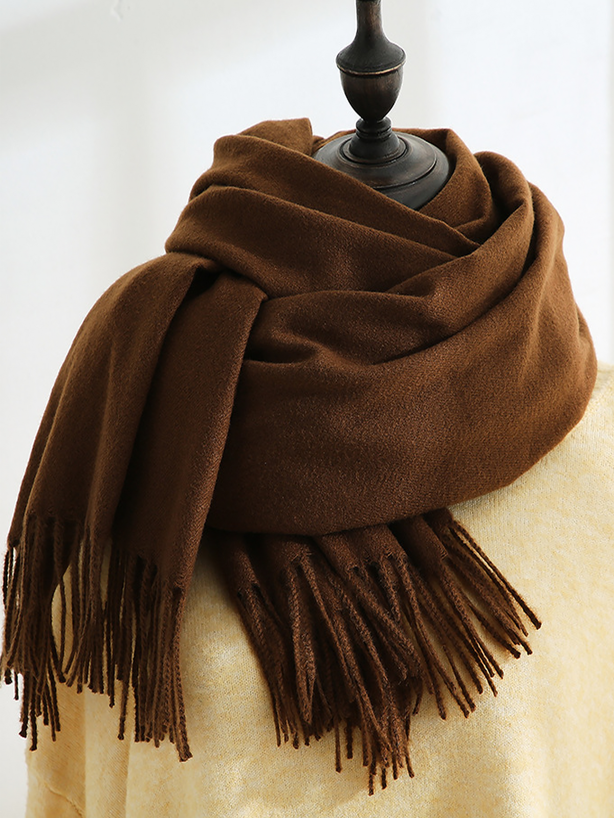 Solid Color Mid Length Winter Tassel Scarf