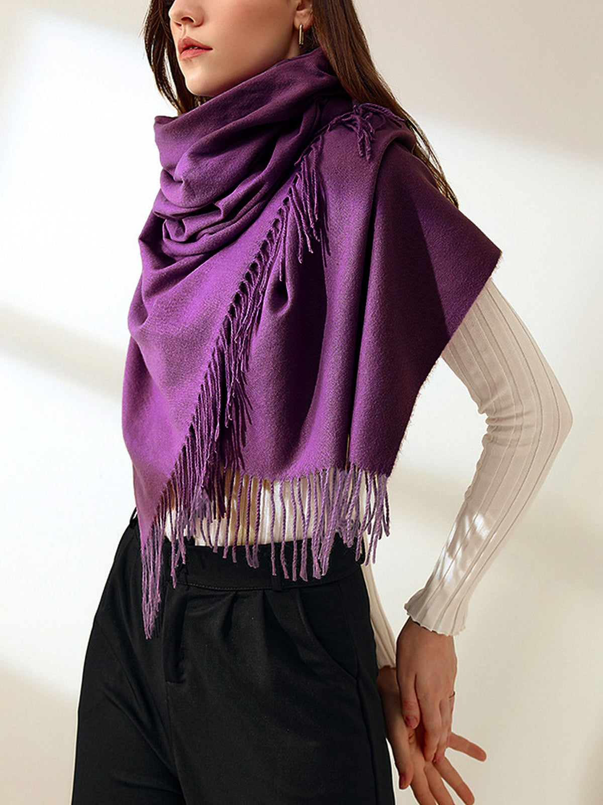 Solid Color Mid Length Winter Tassel Scarf