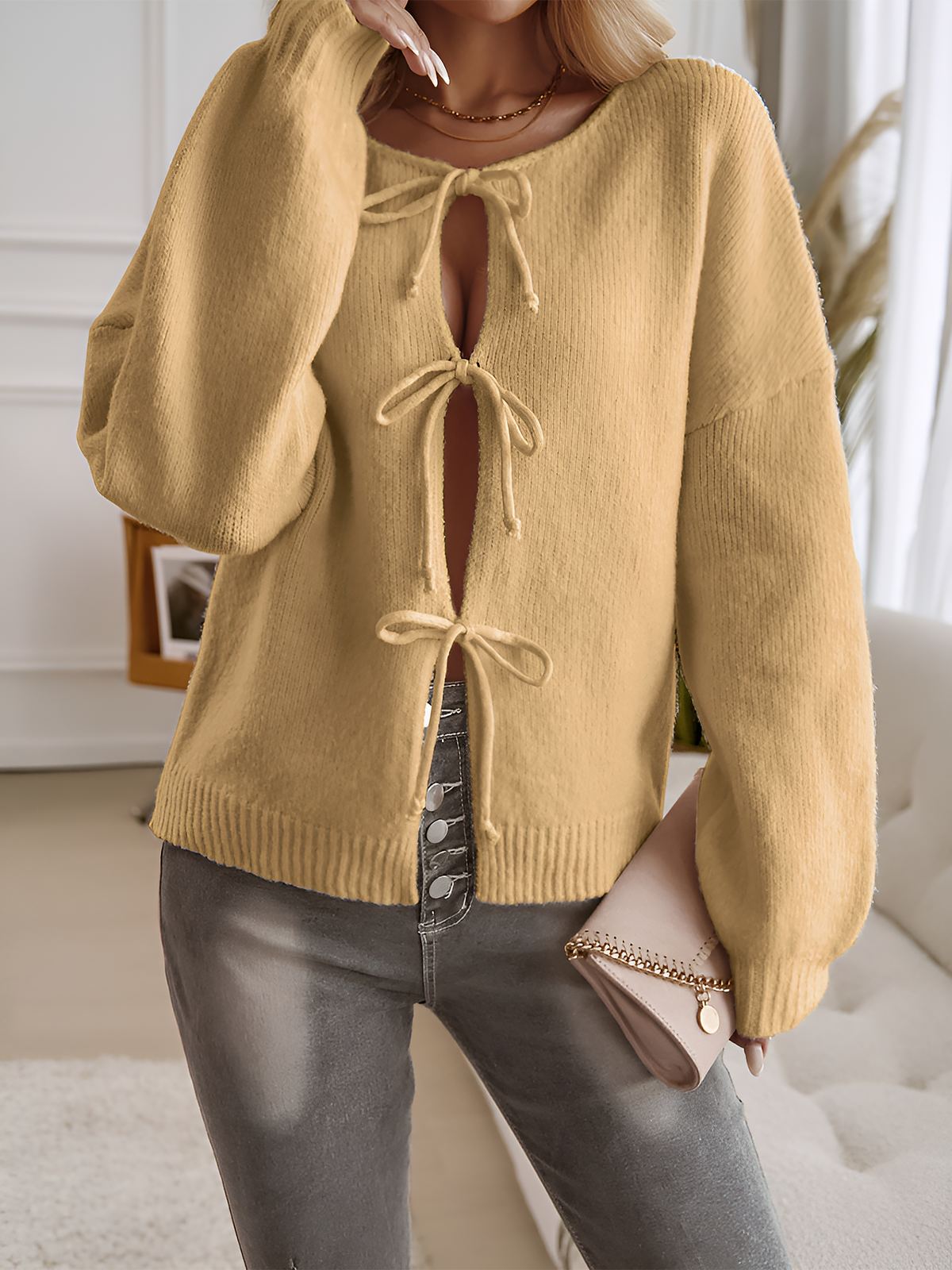 Ribbed Knit Lace-Up Bow Long Sleeves Cardigan