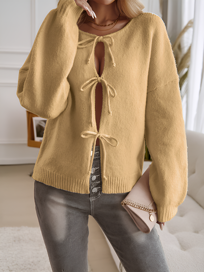 Ribbed Knit Lace-Up Bow Long Sleeves Cardigan