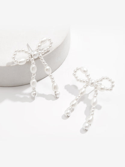 Alloy Faux Pearl Rhinestones Bow Shape Stud Earrings