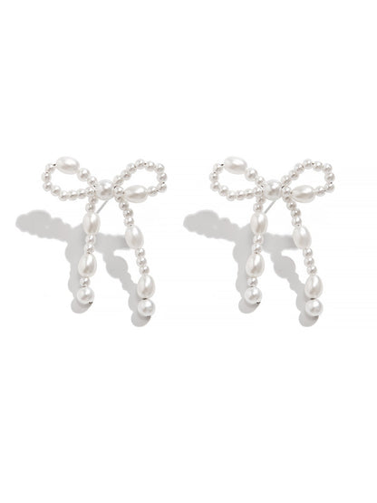 Alloy Faux Pearl Rhinestones Bow Shape Stud Earrings