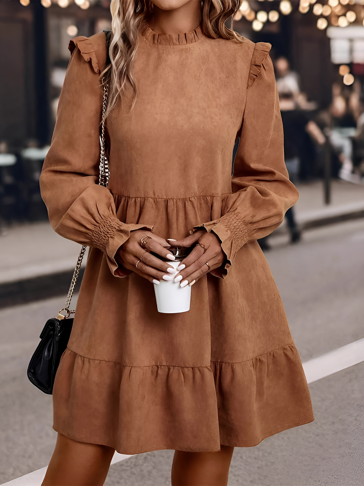 Ruffled Smocked Long Sleeve A-Line Mini Dress