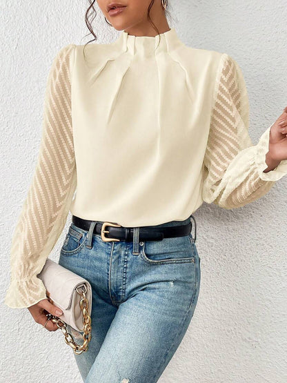 Wrinkle-Resistant Chiffon Mock Neck Sheer Long Sleeves Pleated Work & Business Blouse
