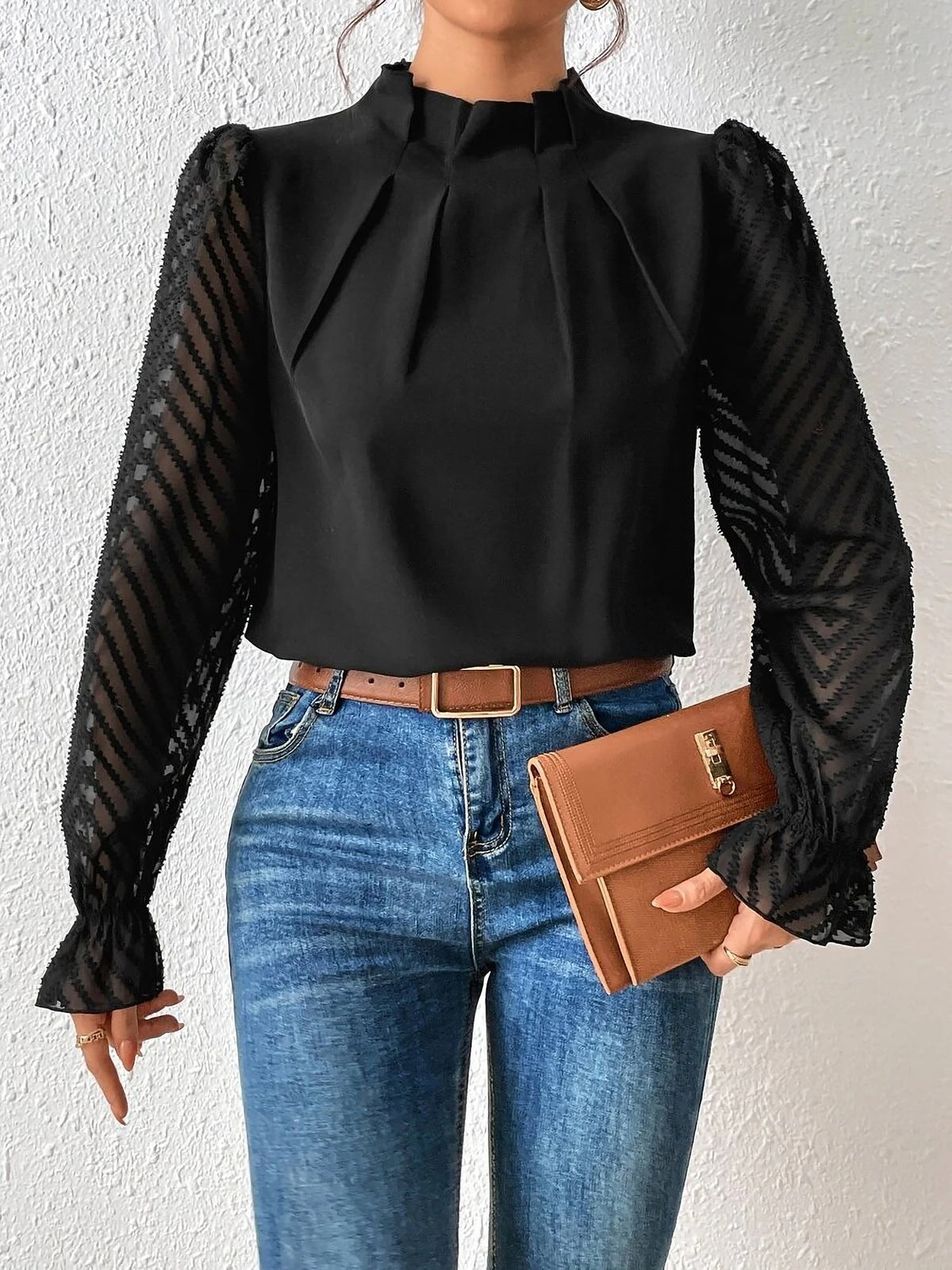 Wrinkle-Resistant Chiffon Mock Neck Sheer Long Sleeves Pleated Work & Business Blouse