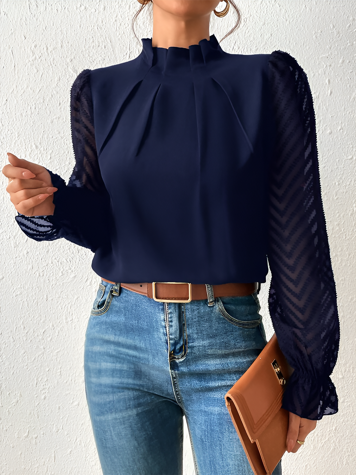Wrinkle-Resistant Chiffon Mock Neck Sheer Long Sleeves Pleated Work & Business Blouse
