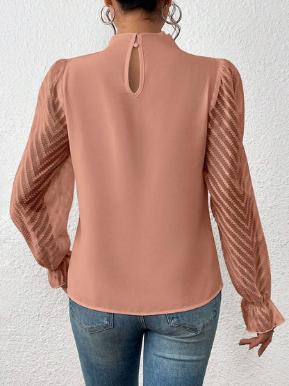 Wrinkle-Resistant Chiffon Mock Neck Sheer Long Sleeves Pleated Work & Business Blouse