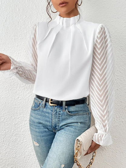 Wrinkle-Resistant Chiffon Mock Neck Sheer Long Sleeves Pleated Work & Business Blouse