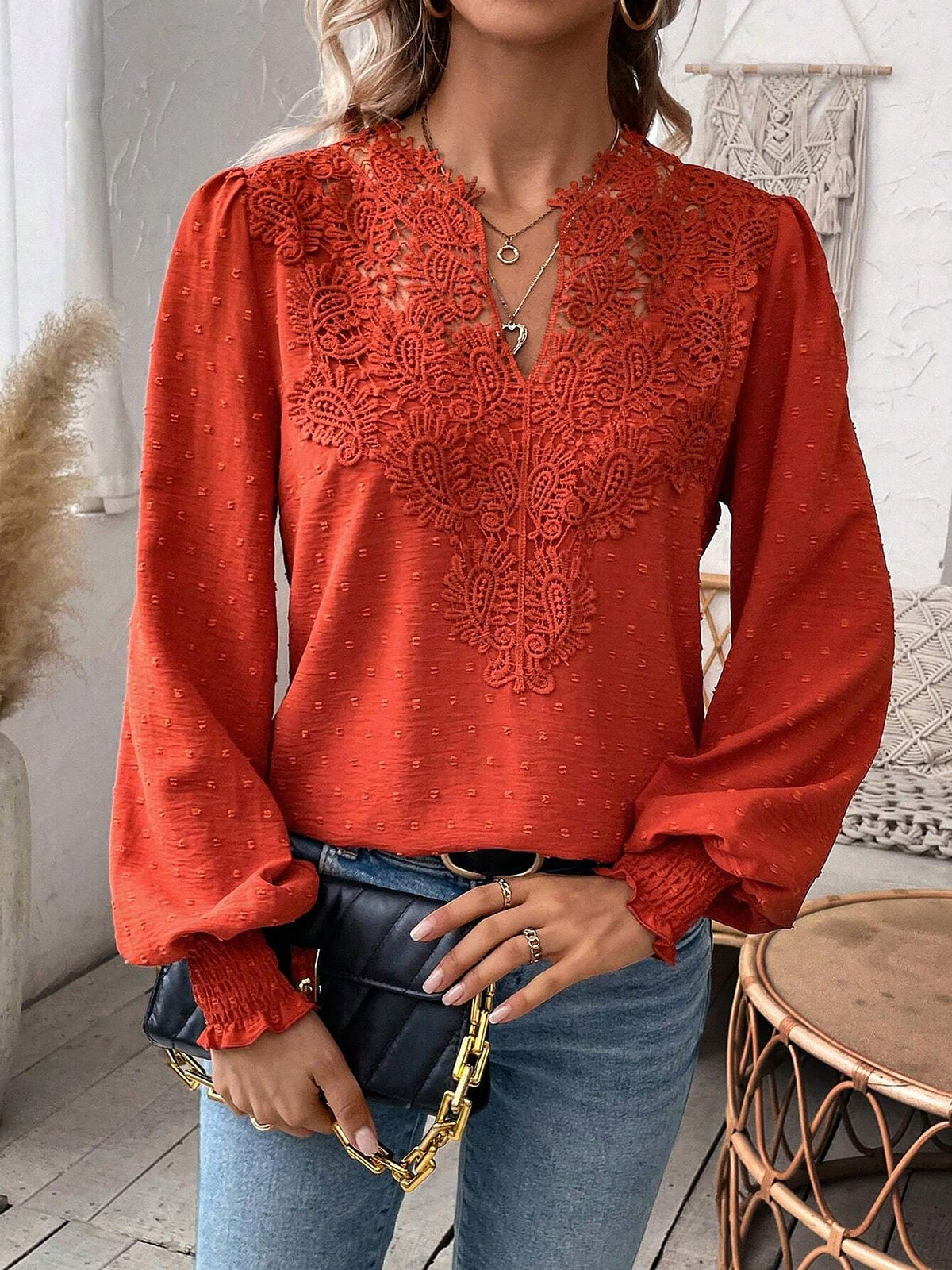 Mixed Pattern Paisley Lace Swiss Dots Smocked Long Sleeve Blouse