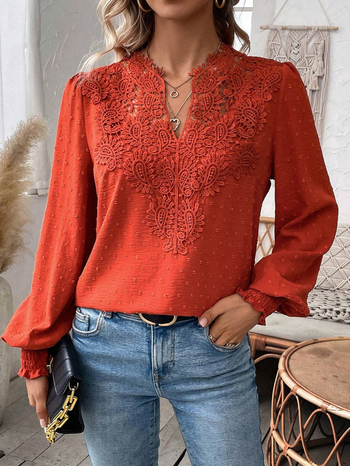 Mixed Pattern Paisley Lace Swiss Dots Smocked Long Sleeve Blouse