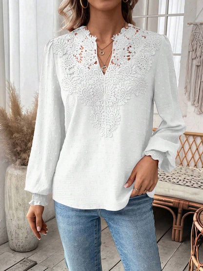 Mixed Pattern Paisley Lace Swiss Dots Smocked Long Sleeve Blouse