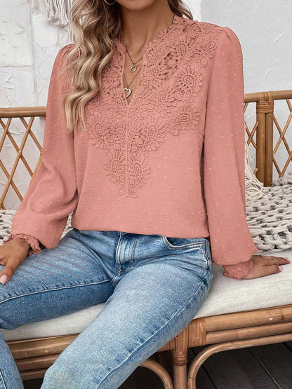 Mixed Pattern Paisley Lace Swiss Dots Smocked Long Sleeve Blouse