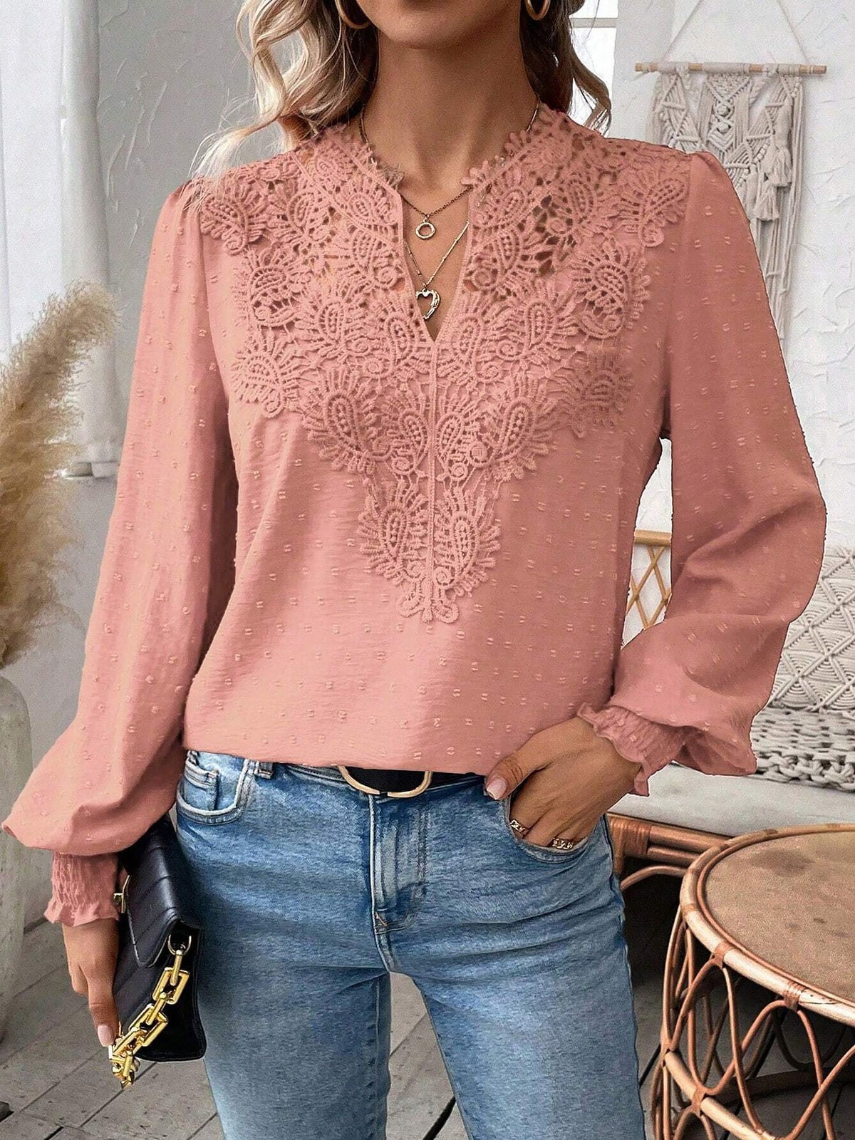 Mixed Pattern Paisley Lace Swiss Dots Smocked Long Sleeve Blouse