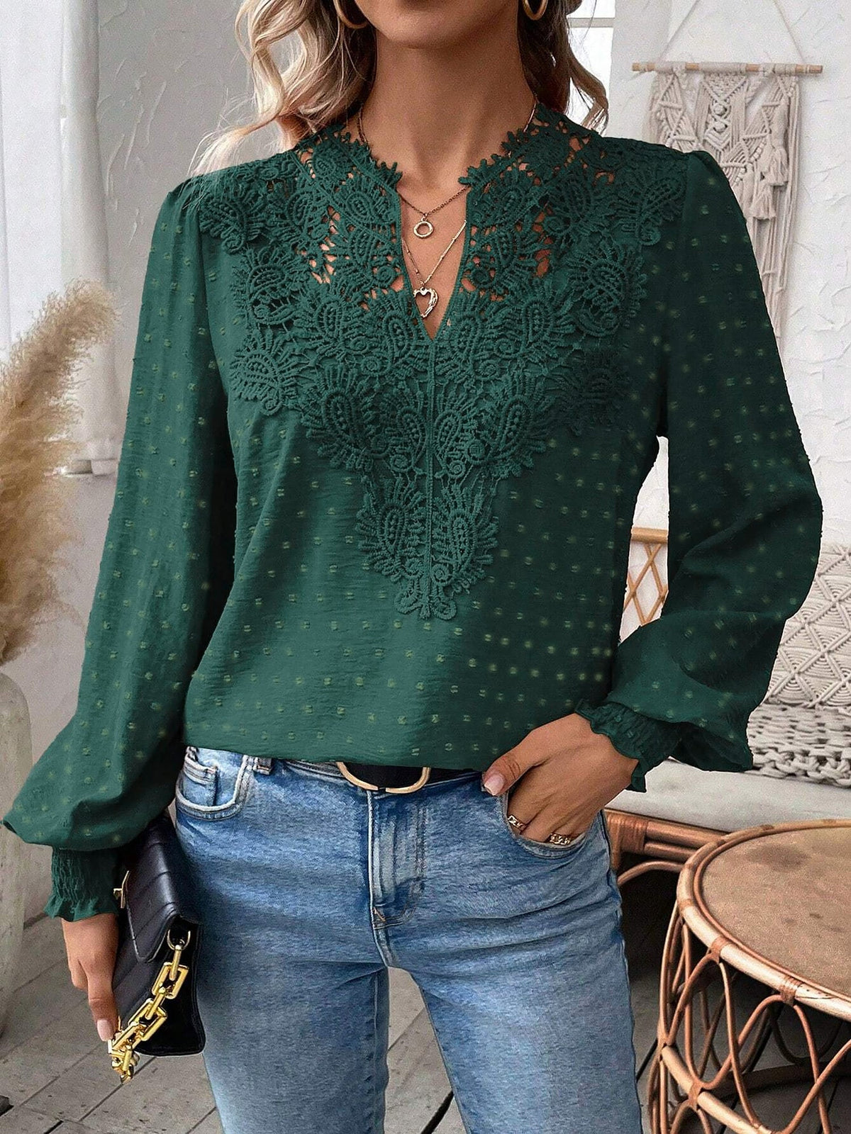 Mixed Pattern Paisley Lace Swiss Dots Smocked Long Sleeve Blouse
