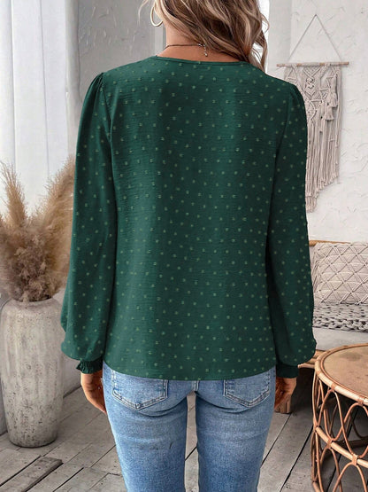 Mixed Pattern Paisley Lace Swiss Dots Smocked Long Sleeve Blouse
