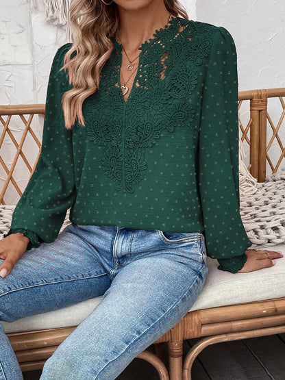 Mixed Pattern Paisley Lace Swiss Dots Smocked Long Sleeve Blouse