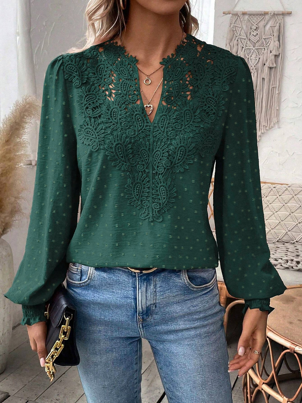 Mixed Pattern Paisley Lace Swiss Dots Smocked Long Sleeve Blouse