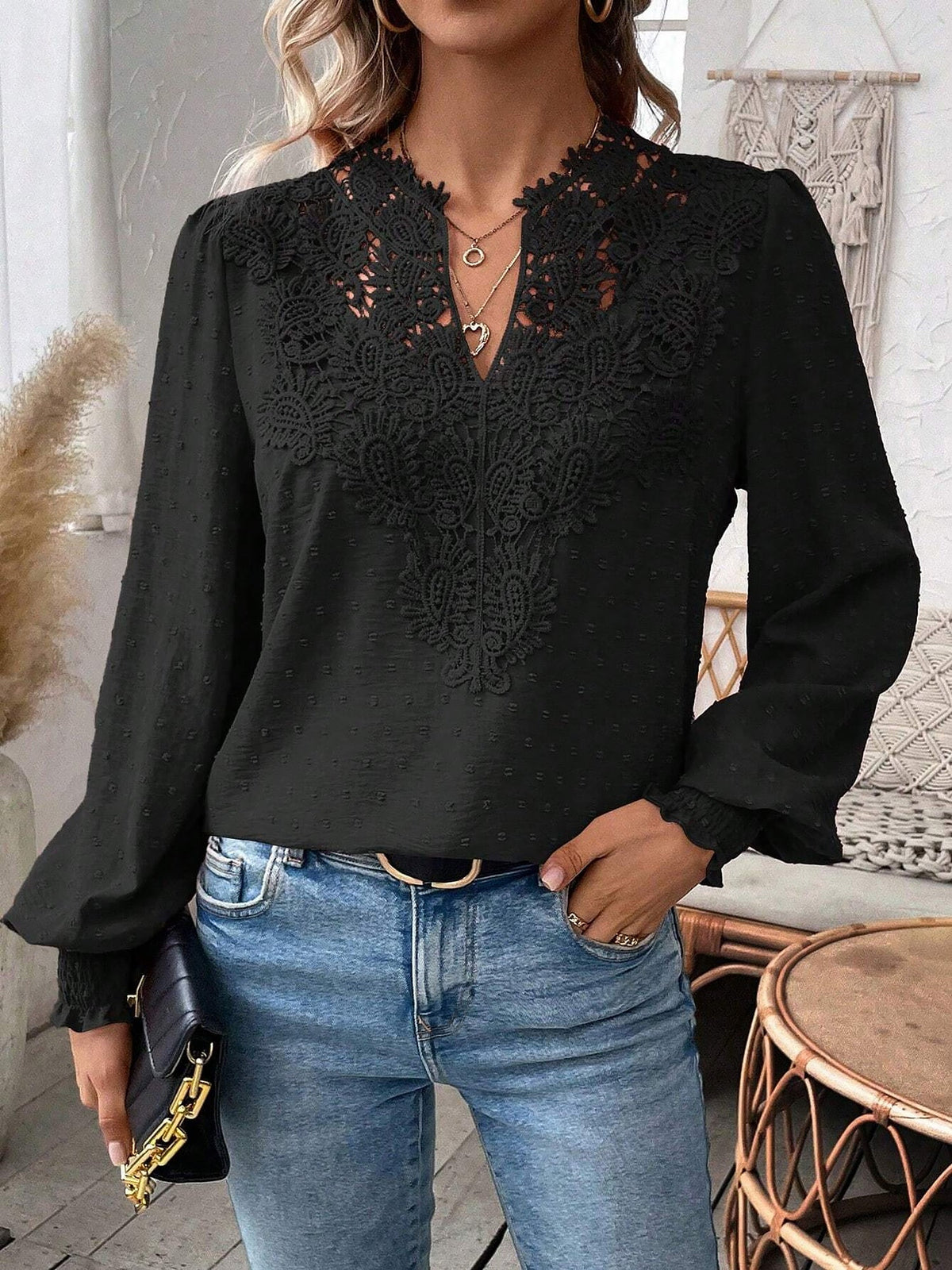Mixed Pattern Paisley Lace Swiss Dots Smocked Long Sleeve Blouse