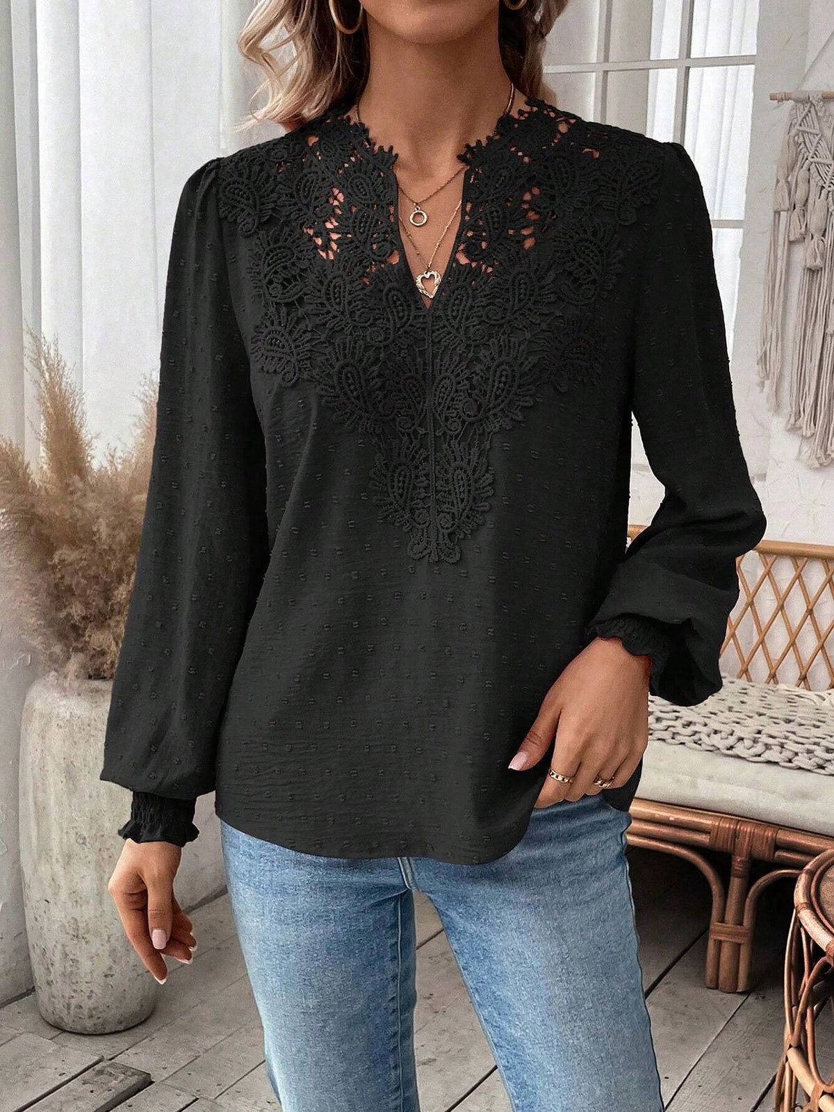 Mixed Pattern Paisley Lace Swiss Dots Smocked Long Sleeve Blouse