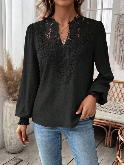 Mixed Pattern Paisley Lace Swiss Dots Smocked Long Sleeve Blouse