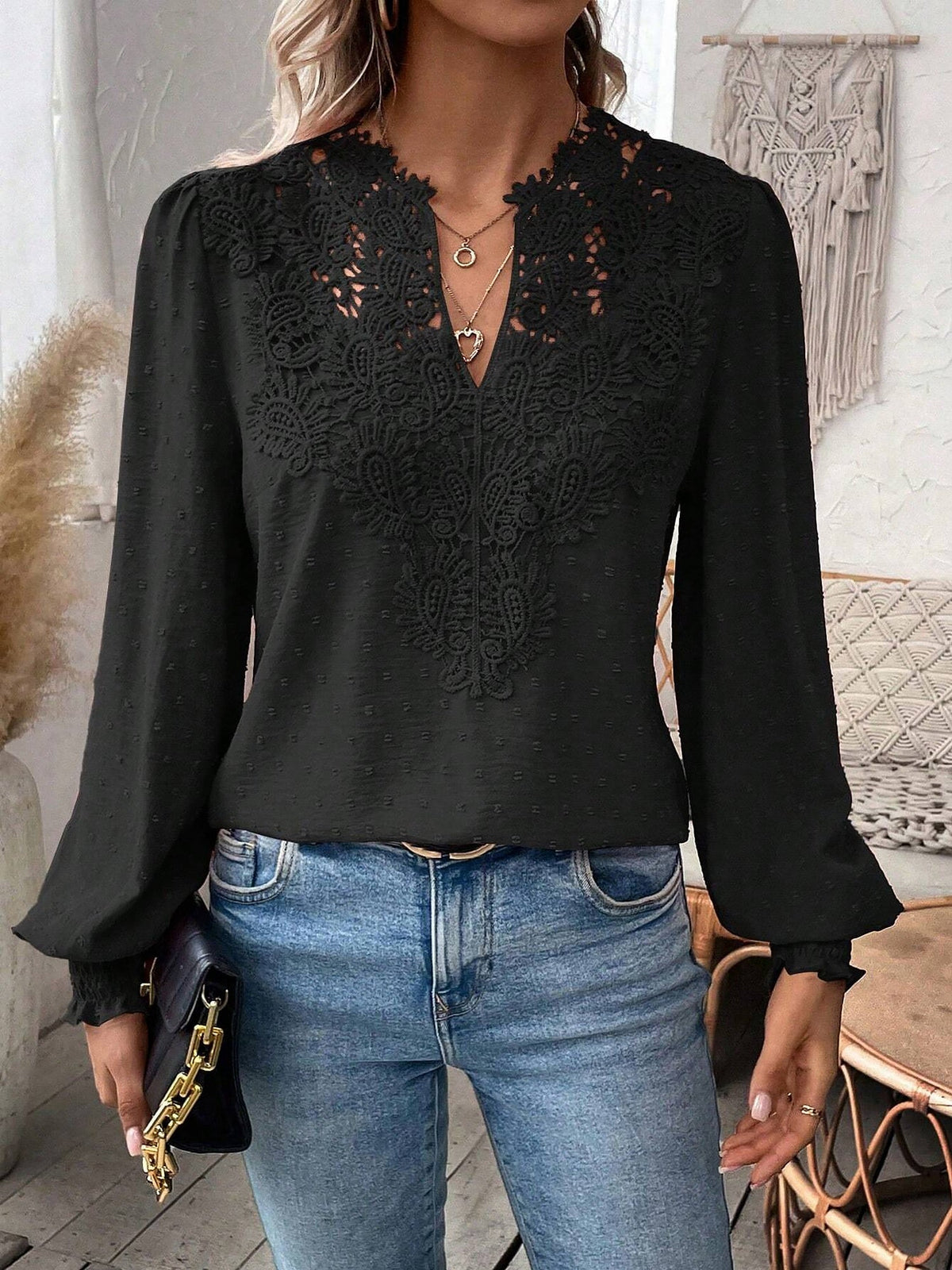 Mixed Pattern Paisley Lace Swiss Dots Smocked Long Sleeve Blouse