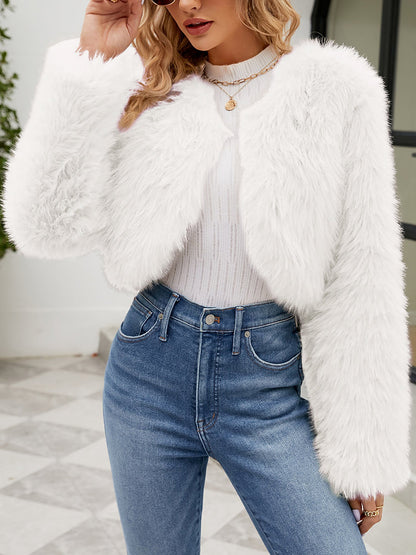 Long Sleeves Open Front Cropped Faux Fur Jacket