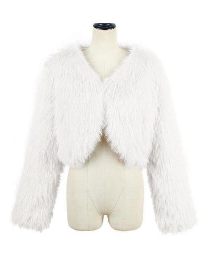 Long Sleeves Open Front Cropped Faux Fur Jacket