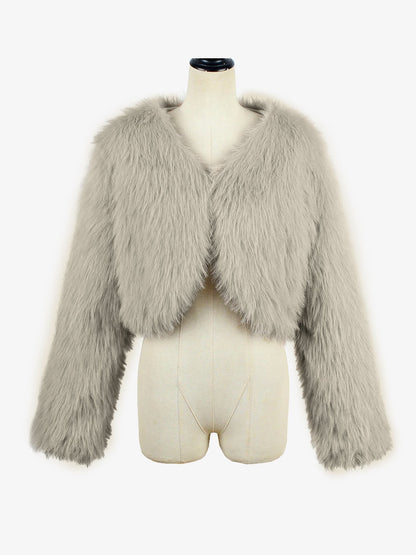 Long Sleeves Open Front Cropped Faux Fur Jacket