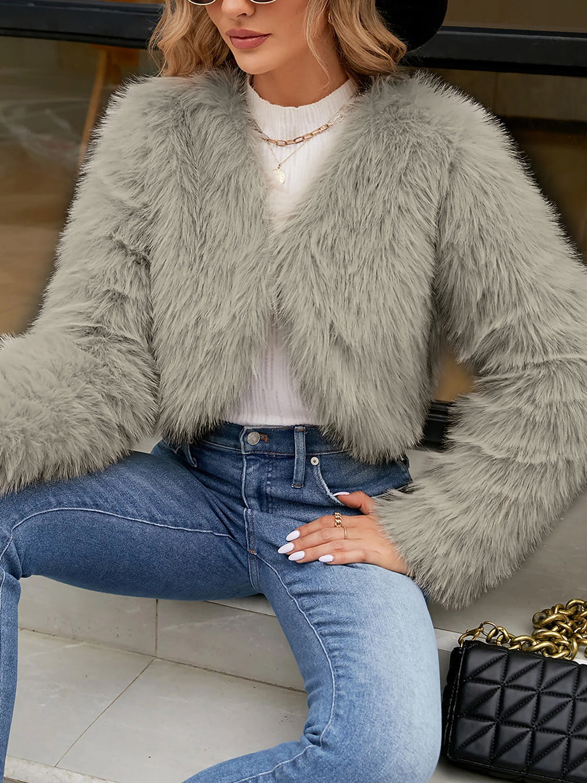 Long Sleeves Open Front Cropped Faux Fur Jacket