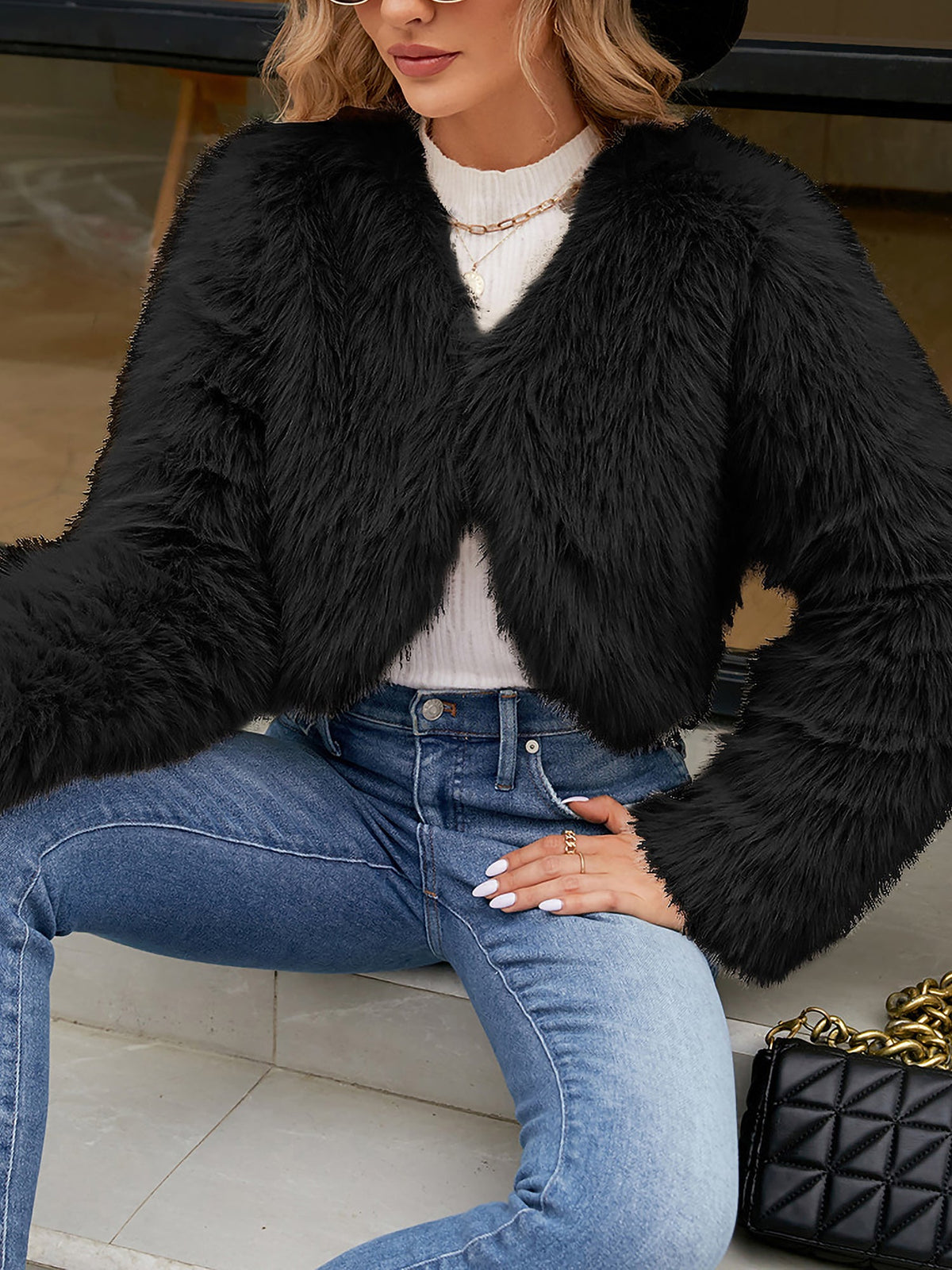 Long Sleeves Open Front Cropped Faux Fur Jacket