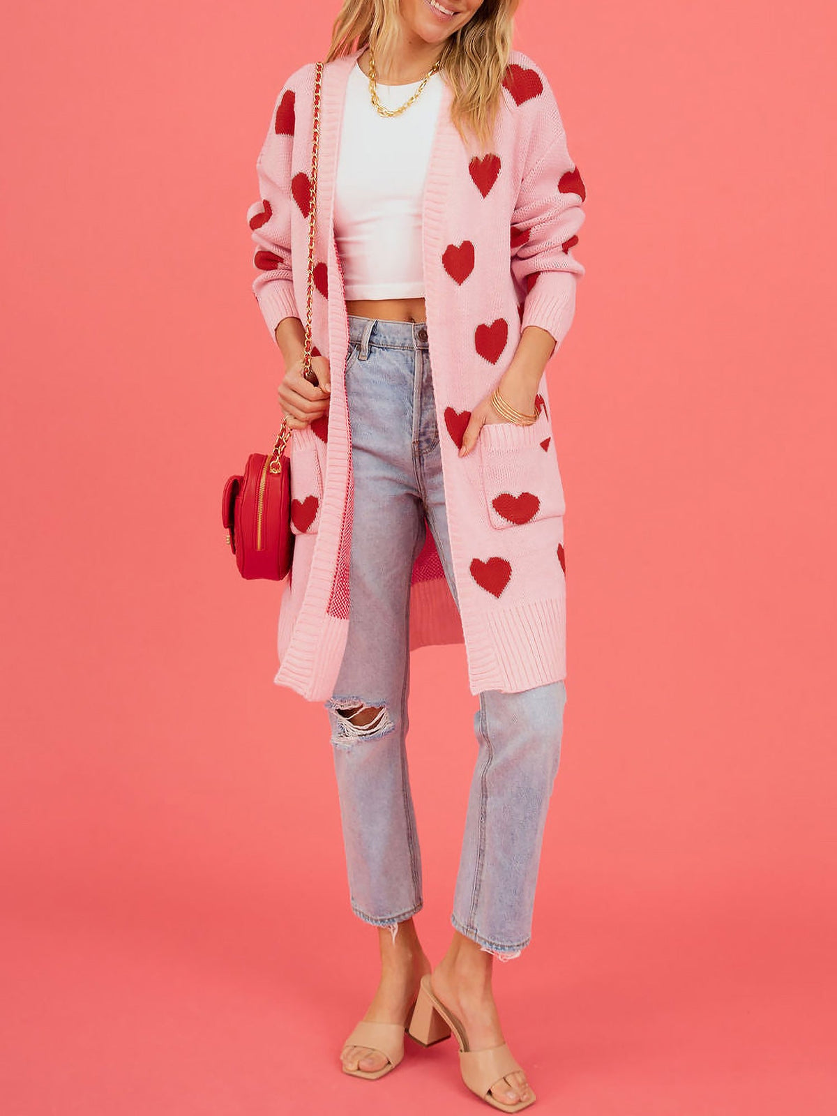 Heart Pattern Pocketed Mid Length Sweater Cardigan