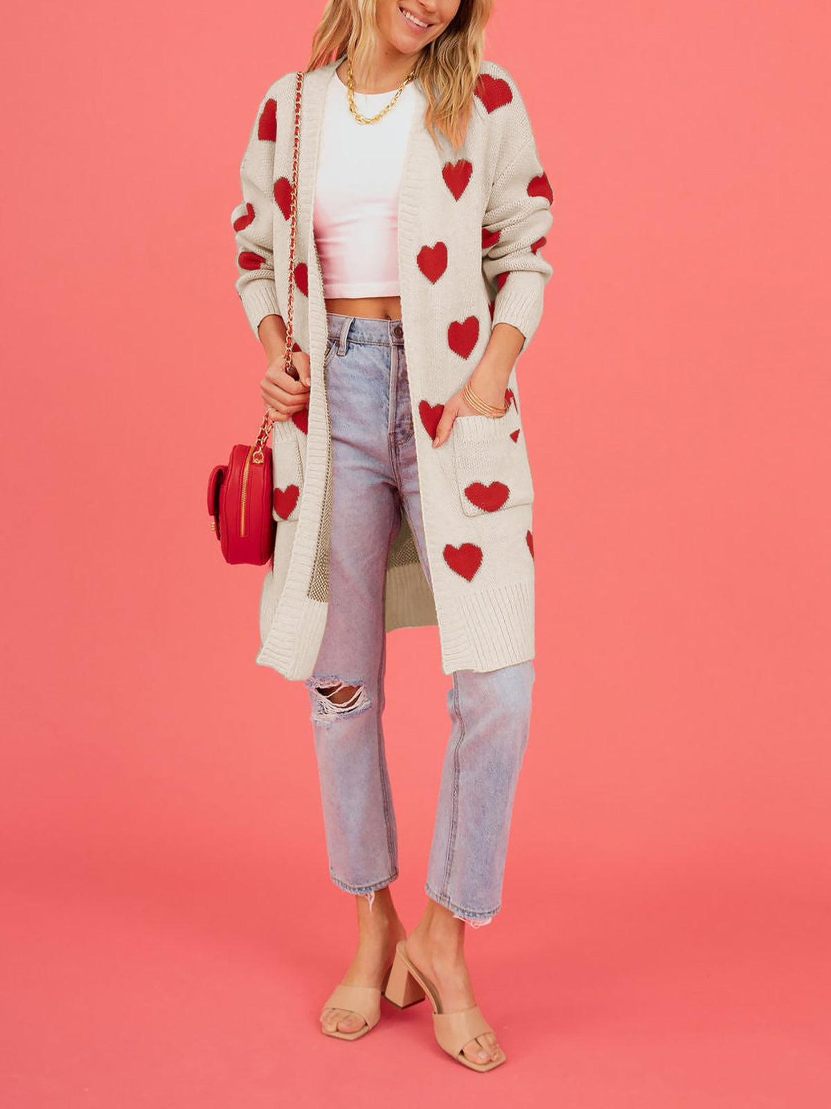 Heart Pattern Pocketed Mid Length Sweater Cardigan