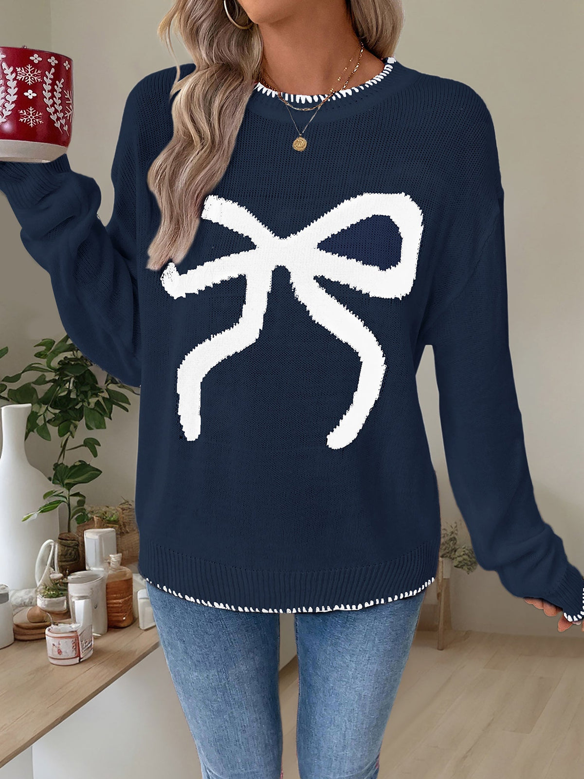 Loose Long Sleeve Round Neck Christmas Bow Sweater