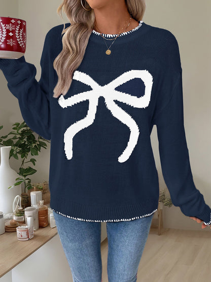 Loose Long Sleeve Round Neck Christmas Bow Sweater