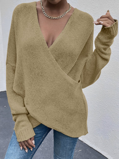 Cross V Neck Solid Color Long Sleeves Casual Sweater